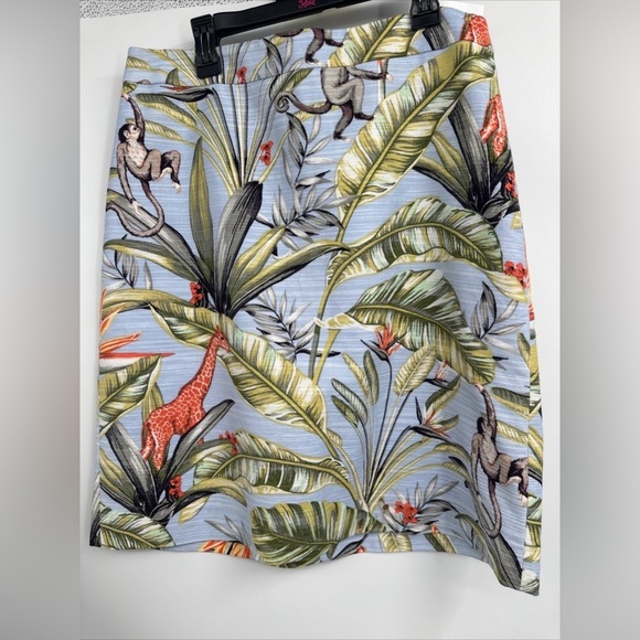Ann Taylor Size 6 Pencil Skirt Blue Monkey Giraffe Palm Leaf Tropical Print - Picture 1 of 4